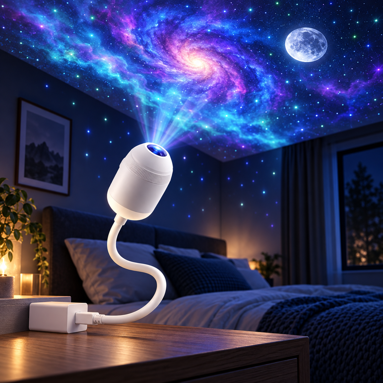 24-slide USB galaxy projector illuminating a bedroom